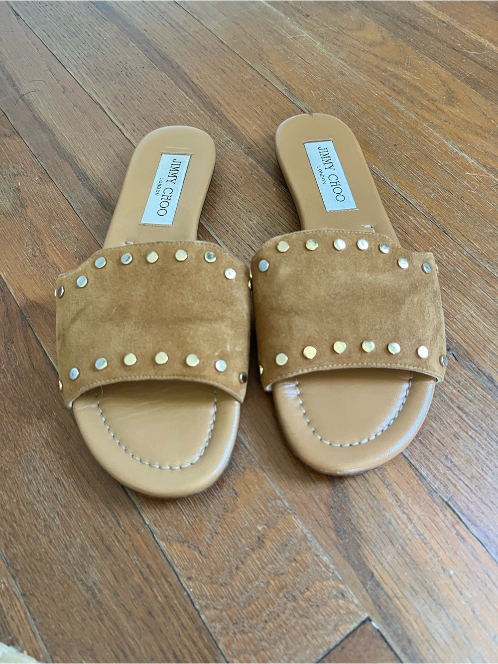 Jimmy Choo Tan Suede Slide Sandals with Gold Studs